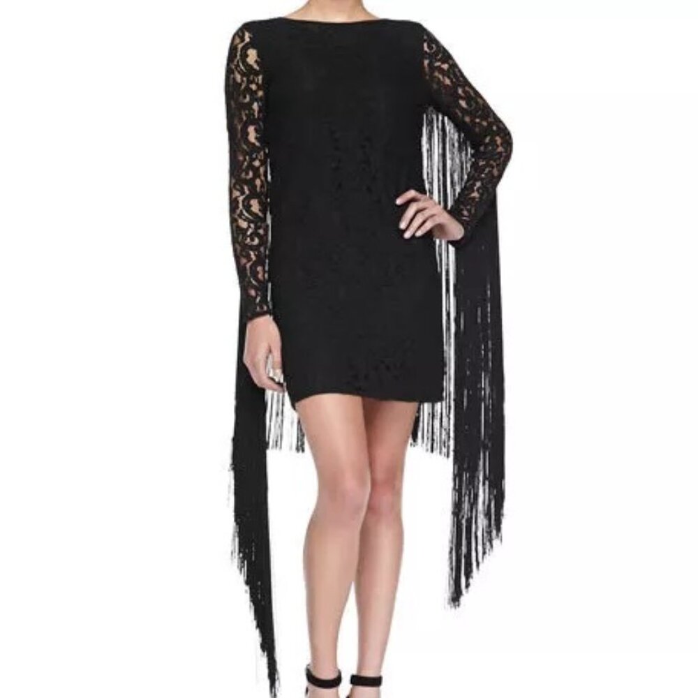 Michael Kors Black Long Mod Dramatic Boho Sexy Fringe Lace Dress NWT 10